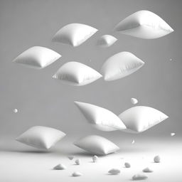 A minimalist scene of a few white pillows falling against a plain background