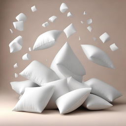 A minimalist scene of a few white pillows falling against a plain background