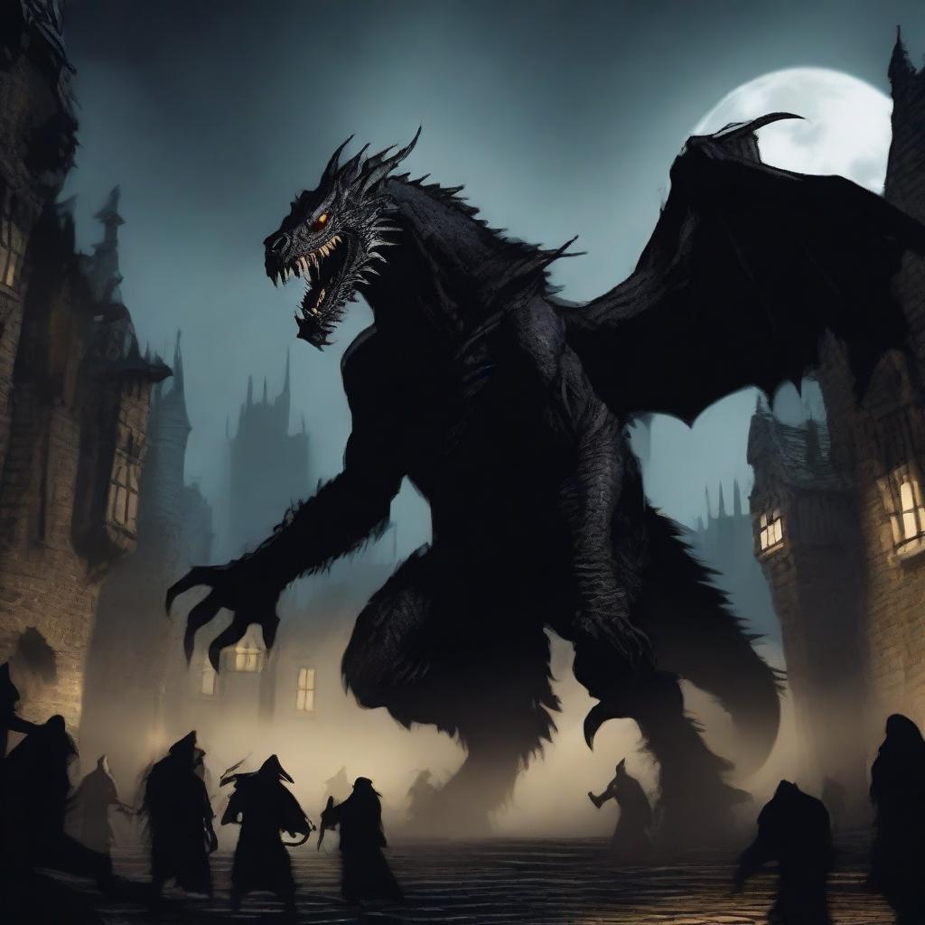 A fantasy picture of a black formless monster made of shadows, resembling a dragon, rampaging through a medieval town at night