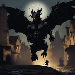 A fantasy picture of a black formless monster made of shadows, resembling a dragon, rampaging through a medieval town at night