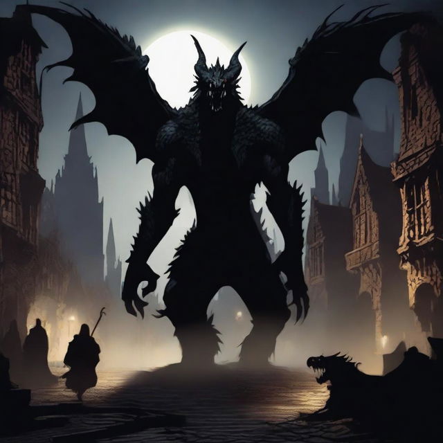 A fantasy picture of a black formless monster made of shadows, resembling a dragon, rampaging through a medieval town at night