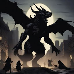 A fantasy picture of a black formless monster made of shadows, resembling a dragon, rampaging through a medieval town at night