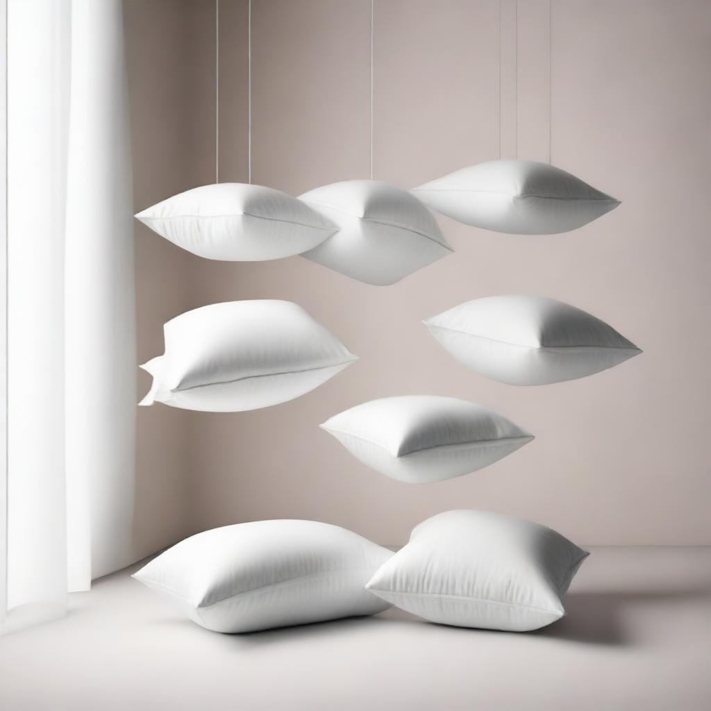 A minimalist scene featuring six white pillows suspended in the air against a plain background