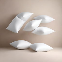 A minimalist scene featuring six white pillows suspended in the air against a plain background