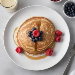 A freshly cooked pancake on a clean white plate, topped with fresh berries and syrup, with a crisp 100 dollar bill beside it for size comparison.