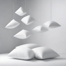 A minimalist scene featuring six white pillows suspended in the air against a plain background