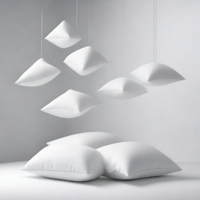 A minimalist scene featuring six white pillows suspended in the air against a plain background