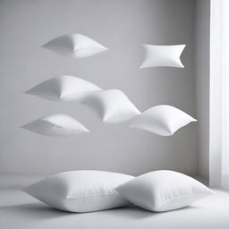 A minimalist scene featuring six white pillows suspended in the air against a plain background