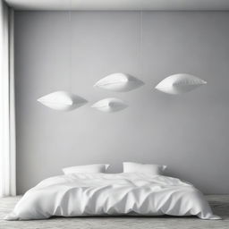 A minimalist scene featuring six white pillows of the same size suspended in the air against a plain background