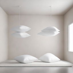 A minimalist scene featuring six white pillows of the same size suspended in the air against a plain background