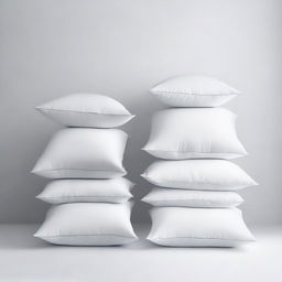 A minimalist scene featuring six white pillows of the same size suspended in the air against a plain background