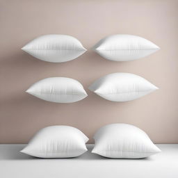 A minimalist scene featuring six white pillows of the same size suspended in the air against a plain background