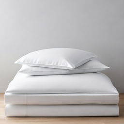 A minimalist scene featuring six white pillowcases arranged against a plain background