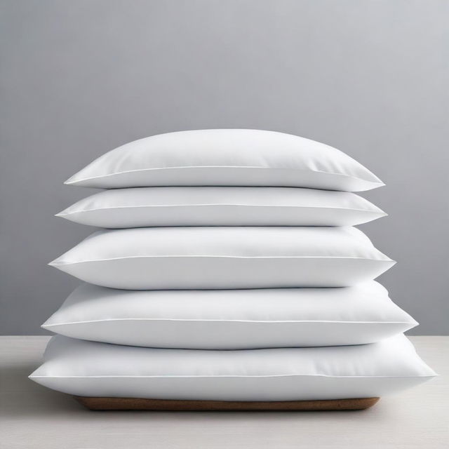 A minimalist scene featuring six white pillowcases arranged against a plain background