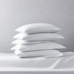 A minimalist scene featuring six white pillowcases arranged against a plain background