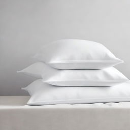 A minimalist scene featuring six white pillowcases arranged against a plain background