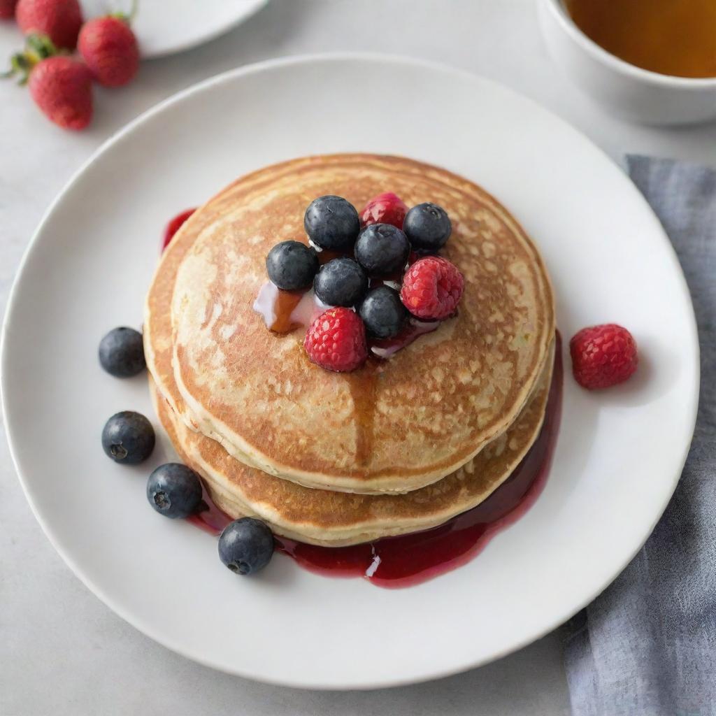 A freshly cooked pancake on a clean white plate, topped with fresh berries and syrup, with a crisp 100 dollar bill beside it for size comparison.