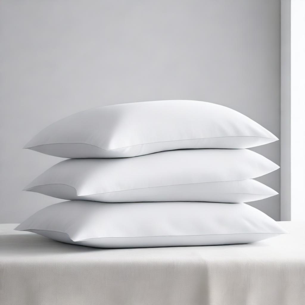 A minimalist scene featuring six white pillowcases against a plain background