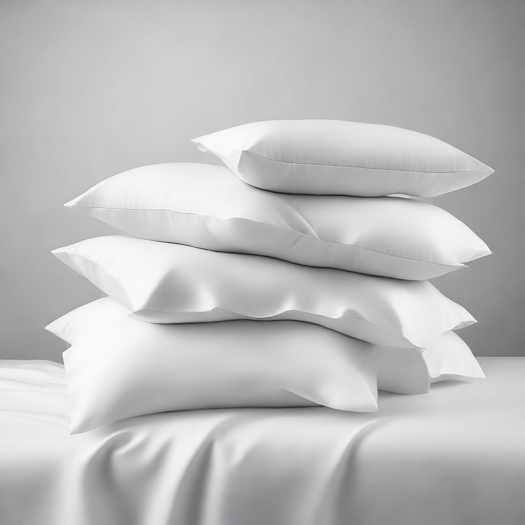 A minimalist scene of six white pillowcases falling against a plain background