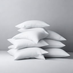 A minimalist scene of six white pillowcases falling against a plain background