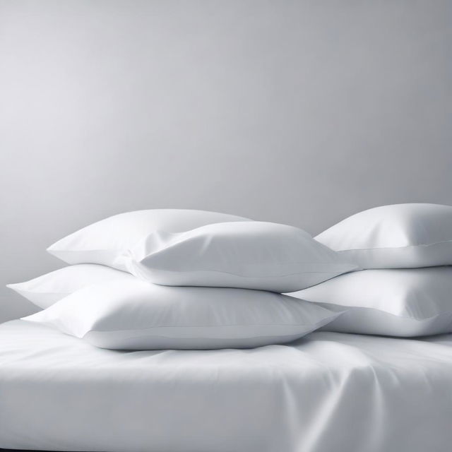 A minimalist scene of six white pillowcases falling against a plain background