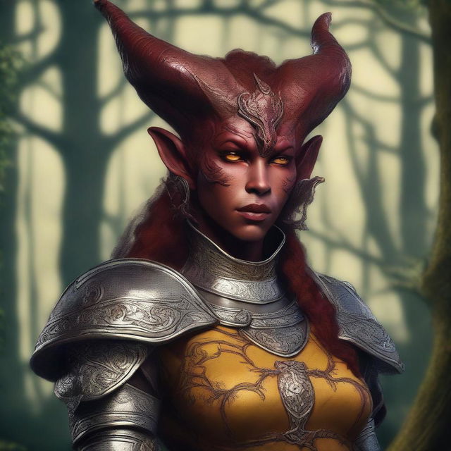 A realistic depiction of a red-skinned female tiefling