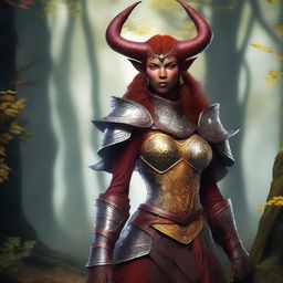 A realistic depiction of a red-skinned female tiefling