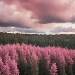 An amazing and serene forest landscape with tall, dense trees, under a dramatic sky with fluffy clouds, dyed pink by the setting sun.