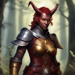 A realistic depiction of a red-skinned female tiefling