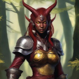 A realistic depiction of a red-skinned female tiefling