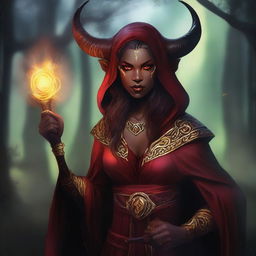 A realistic depiction of a red-skinned female tiefling warlock