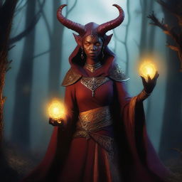 A realistic depiction of a red-skinned female tiefling warlock