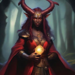 A realistic depiction of a red-skinned female tiefling warlock