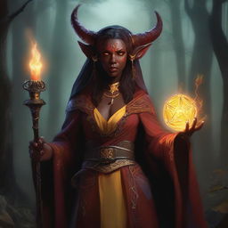 A realistic depiction of a red-skinned female tiefling warlock