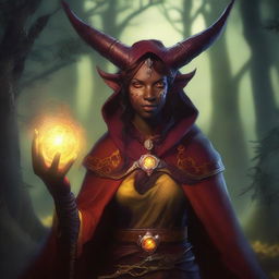 A realistic depiction of a red-skinned female tiefling warlock