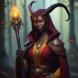 A realistic depiction of a red-skinned female tiefling warlock