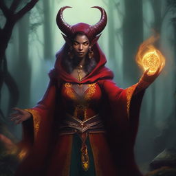 A realistic depiction of a red-skinned female tiefling warlock