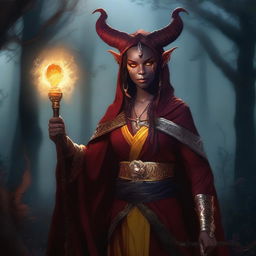 A realistic depiction of a red-skinned female tiefling warlock