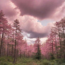 An amazing and serene forest landscape with tall, dense trees, under a dramatic sky with fluffy clouds, dyed pink by the setting sun.