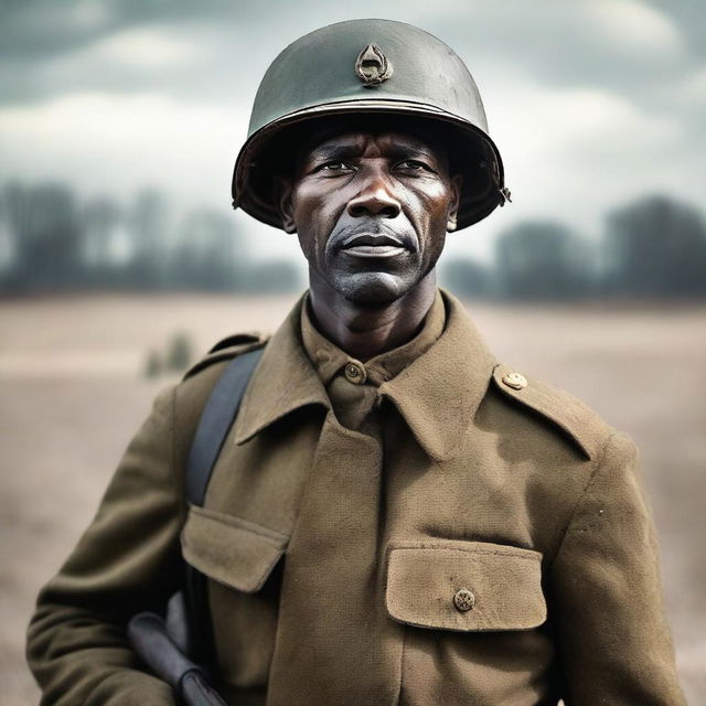 A middle-aged Black soldier from World War II holding a gun