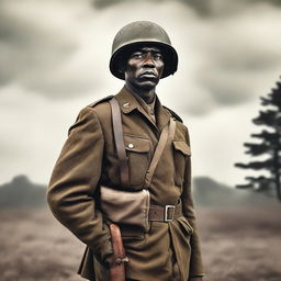 A middle-aged Black soldier from World War II holding a gun