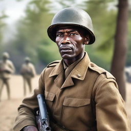 A middle-aged Black soldier from World War II holding a gun