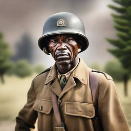 A middle-aged Black soldier from World War II holding a gun