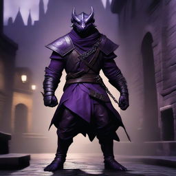 A realistic depiction of a black and purple dragonborn rogue