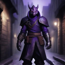 A realistic depiction of a black and purple dragonborn rogue