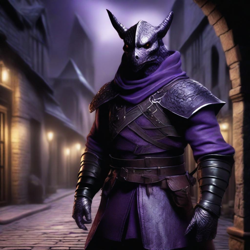 A realistic depiction of a black and purple dragonborn rogue