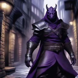 A realistic depiction of a black and purple dragonborn rogue