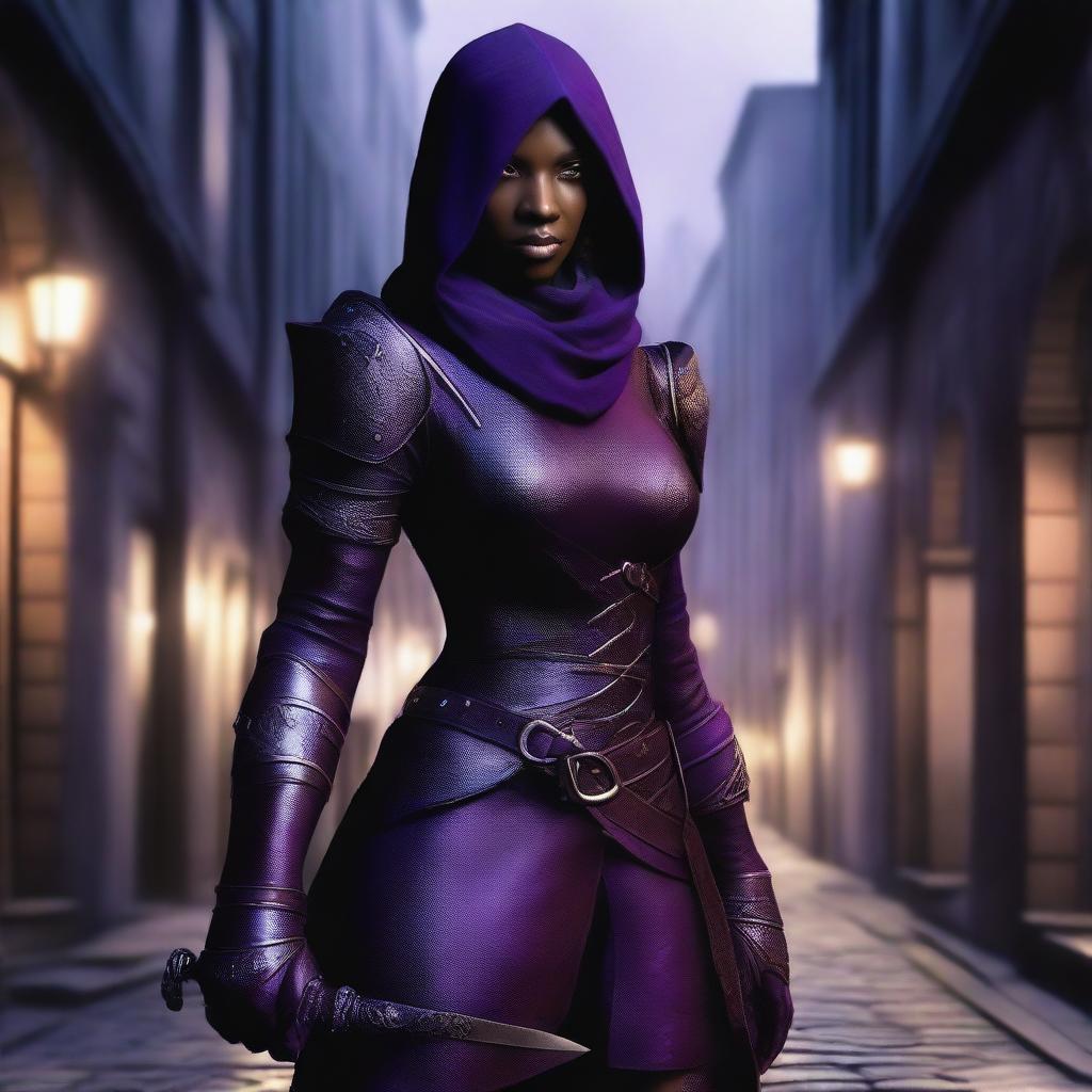 A realistic depiction of a black and purple female dragonborn rogue