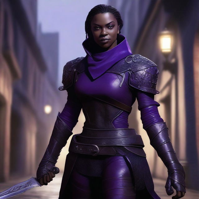 A realistic depiction of a black and purple female dragonborn rogue