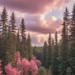 An amazing and serene forest landscape with tall, dense trees, under a dramatic sky with fluffy clouds, dyed pink by the setting sun.